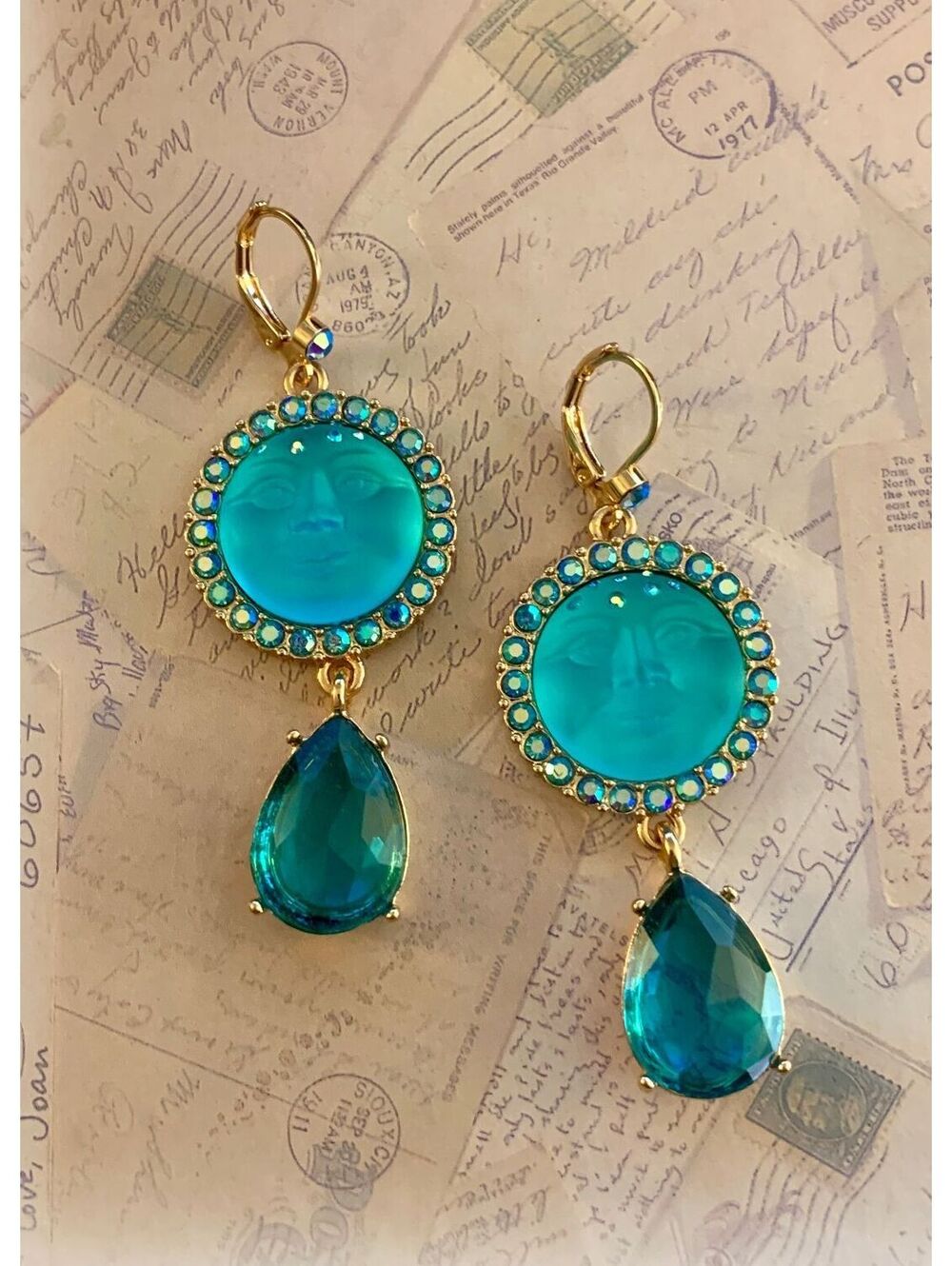 Gorgeous Teal Face & Teardrop Dangle Earrings with Sparkling Accents